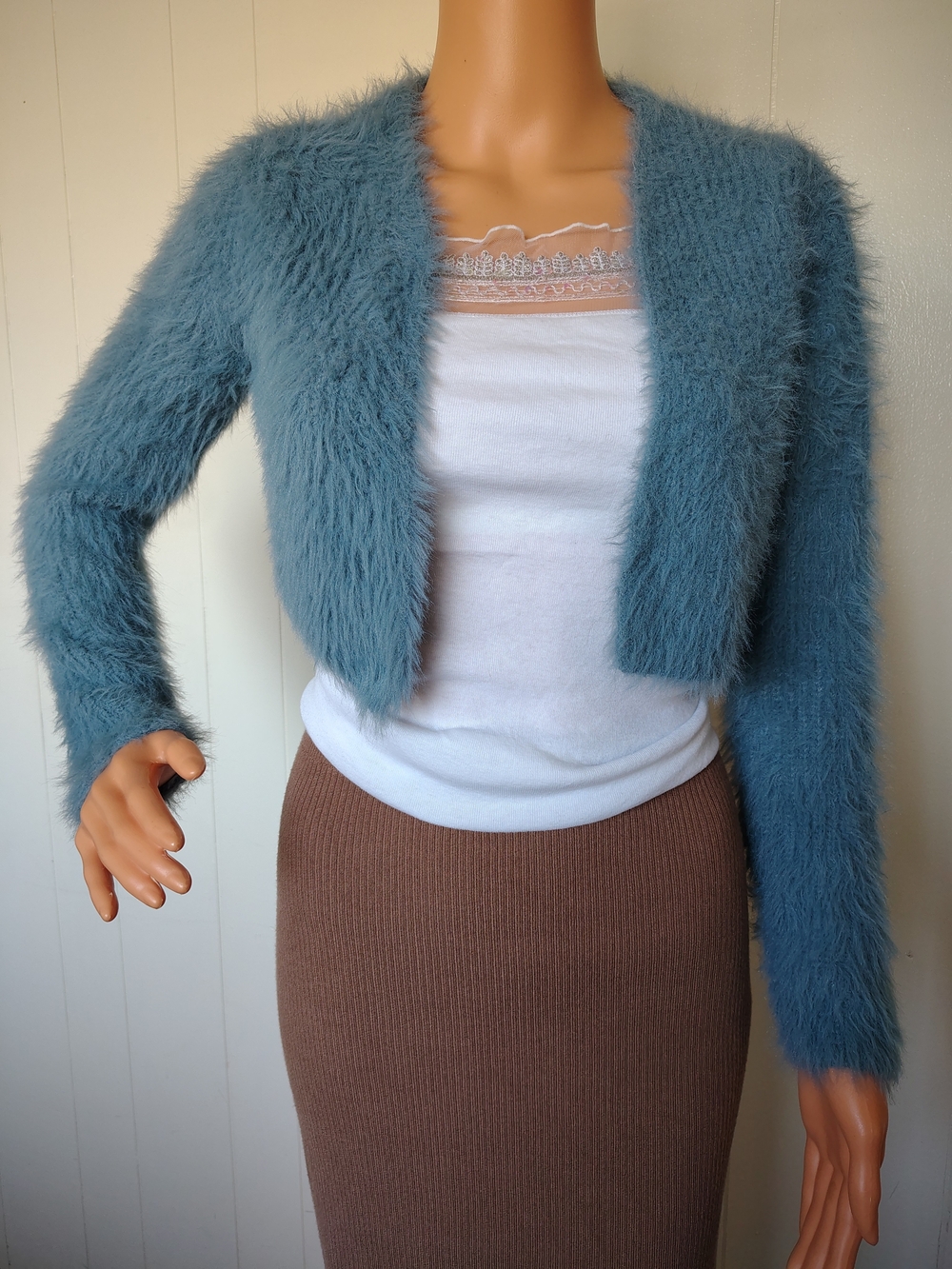 Zara Fuzzy Cropped Open Front Cardigan in Teal Blue Size S.